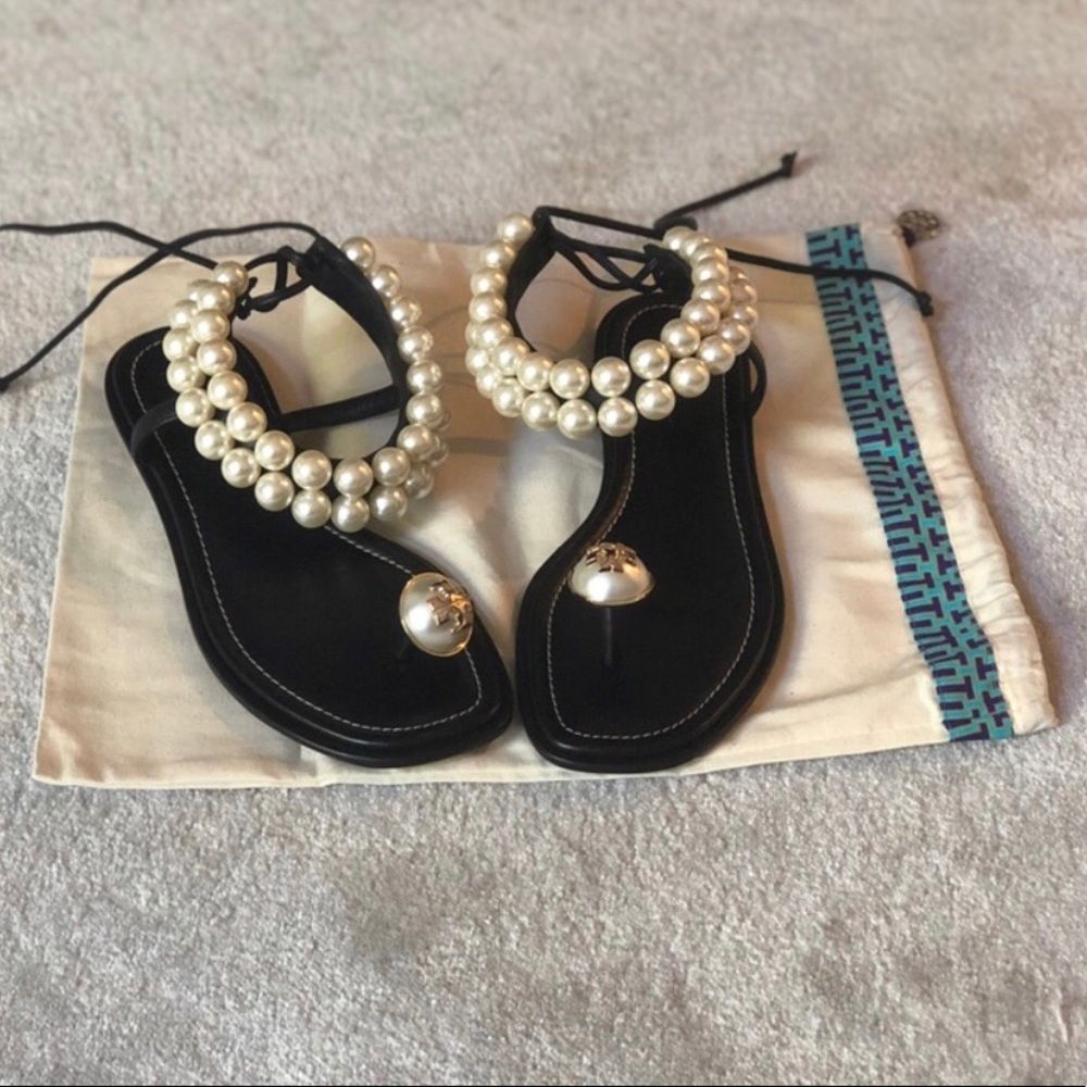 Tory Burch Black Sandals with Pearl Accents - Picture 4 of 4